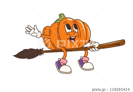 Groovy Halloween pumpkin character on witch broom for horror night holiday, cartoon vector. Funny groovy pumpkin flying on broomstick with funky happy face for Halloween trick or treat character Groovy Halloween pumpkin character on witch broom for horror night holiday, cartoon vector. Funny groovy pumpkin flying on broomstick with funky happy face for Halloween trick or treat character 119265424