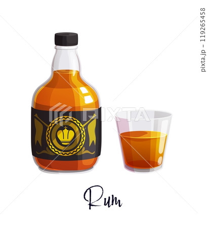 Rum alcohol bottle and a glass. Cartoon vector stout bottle with black cap and filled with rich amber liquid, features a decorative label with a crown emblem and short glass partially filled with rum 119265458