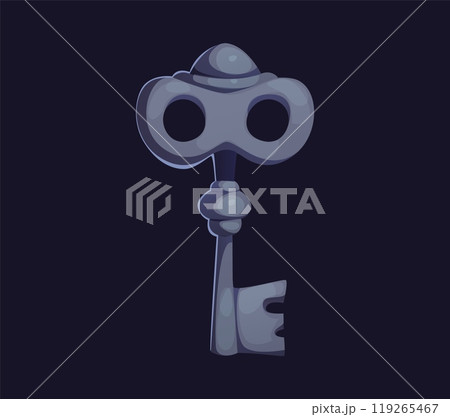 Cartoon vintage key features distinctive bow with rounded edges and two circular cutouts, along with a detailed shaft and bit. Isolated vector ancient, mysterious silver skeleton key for secrets door 119265467