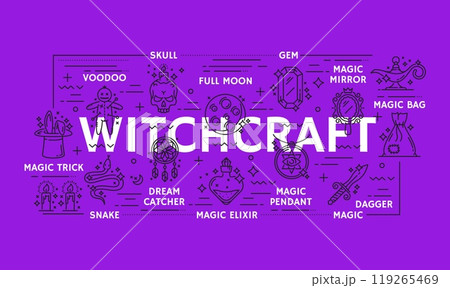 Mystery esoteric witchcraft and magic icons or symbols. Vector linear signs of full moon, magic mirror, bag, trick, dream catcher, elixir and pendant, dagger, snake or skull mysterious witchery itemsV 119265469