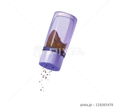 Pepper shaker tilted at an angle, dispensing a few grains of ground pepper showing cooking process. Isolated cartoon vector glass bottle with spices, functional dispenser for culinary and kitchen 119265478