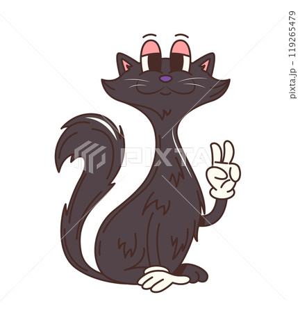 Groovy Halloween black cat character with hippie peace sign gesture for holiday, cartoon vector. Funny witch black cat retro cartoon character with happy face smile for Halloween trick or treat party Groovy Halloween black cat character with hippie peace sign gesture for holiday, cartoon vector. Funny witch black cat retro cartoon character with happy face smile for Halloween trick or treat party 119265479