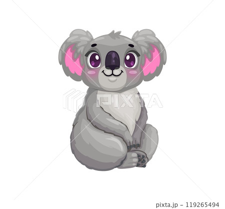 Cartoon cute koala bear character with big purple eyes and pink ears. Isolated vector Australian animal personage captures the charm and innocence, sitting with a gentle and endearing expression Cartoon cute koala bear character with big purple eyes and pink ears. Isolated vector Australian animal personage captures the charm and innocence, sitting with a gentle and endearing expression 119265494