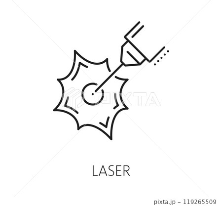Laser cutting metalwork technology line icon. Steel engraving metalwork industry thin line icon, laser marking production technology or CNC etching manufacture equipment line vector pictogram 119265509