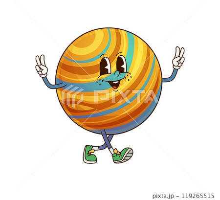 Jupiter solar system groovy planet character smiling and waving hands. Isolated cartoon vector trendy space object with retro 60s and 70s vibes and colorful rings on its surface, flashing peace signs 119265515
