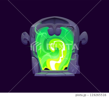 Fantasy magic portal with glowing green energy and stone arch. Mysterious door game asset. Cartoon vector archway with swirling light evoke feelings of mystery, adventure, and otherworldly realms Fantasy magic portal with glowing green energy and stone arch. Mysterious door game asset. Cartoon vector archway with swirling light evoke feelings of mystery, adventure, and otherworldly realms 119265516