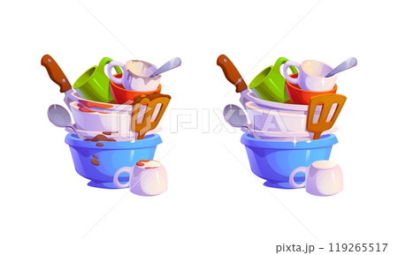 Dirty and clean restaurant dishes or kitchen plates stack for wash, cartoon vector. Dirty and clean dishes pile of cups and tableware, plates before and after dishwashing with food stains or leftovers 119265517