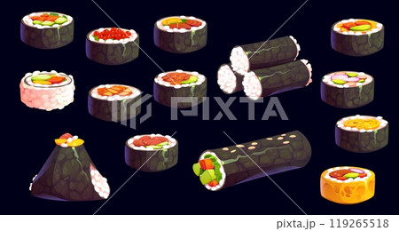 Cartoon Korean cuisine kimbap set. Vector Asian rolls, showcasing different delicious ingredients like vegetables, fish and rice. Each piece is appetizing and representing traditional cuisine of Korea Cartoon Korean cuisine kimbap set. Vector Asian rolls, showcasing different delicious ingredients like vegetables, fish and rice. Each piece is appetizing and representing traditional cuisine of Korea 119265518