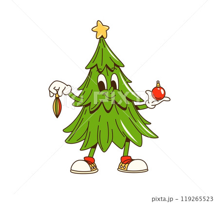 Cartoon groovy Christmas holiday pine tree character wearing star topper and holding bauble ornaments. Isolated vector decorated retro spruce or conifer fir-tree with lights and trendy hippie sneakers 119265523