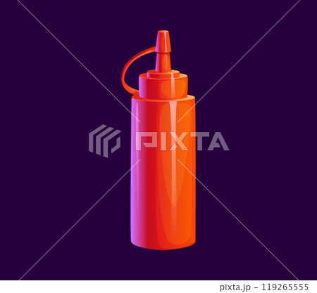 Cartoon ketchup bottle, vector tomato sauce, catchup condiment in red plastic tube or container with squirt nozzle. Catsup dresser, seasoning for fast food meals, traditional bottled vegetable sauce 119265555