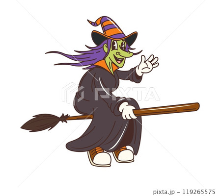 Groovy Halloween witch character flying on broomstick for horror night holiday, vector retro cartoon. Funny groovy witch on broom with funky smile, retro cartoon character for Halloween holiday 119265575