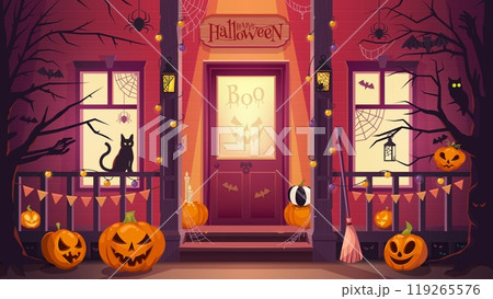 Halloween door porch with spooky pumpkins and scary boo ghosts silhouette on window, vector background. Haunted house with monster decorations for Halloween night holiday and trick or treat party 119265576