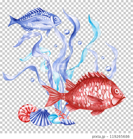 Seaweed composition with shells, red and blue fish in watercolor. Isolated monochrome illustration of sea creatures for marine themed event design, textile design, print, children's parties 119265686