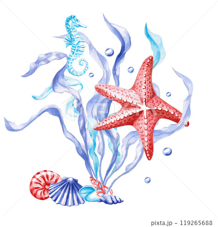 Seaweed composition with shells, starfish and seahorse in watercolor. Isolated monochrome illustration of sea creatures for marine themed event design, textile design, print, kids parties 119265688