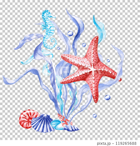 Seaweed composition with shells, starfish and seahorse in watercolor. Isolated monochrome illustration of sea creatures for marine themed event design, textile design, print, kids parties 119265688