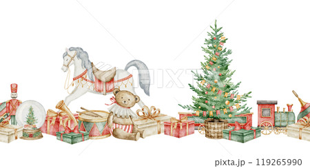 Toy seamless watercolor Border. Illustration for Christmas design with retro rocking horse and vintage teddy bear on isolated background. Drawing of frame with fir tree and new year presents. 119265990