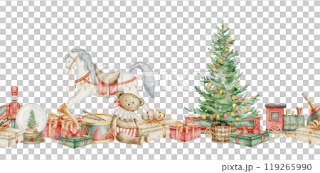 Toy seamless watercolor Border. Illustration for Christmas design with retro rocking horse and vintage teddy bear on isolated background. Drawing of frame with fir tree and new year presents. 119265990