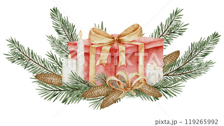 Present with golden ribbon surrounded fir branches and pine cones. Watercolor illustration of red gift box and spruce twigs and new year candles for holiday greeting cards or party invitations. Present with golden ribbon surrounded fir branches and pine cones. Watercolor illustration of red gift box and spruce twigs and new year candles for holiday greeting cards or party invitations. 119265992
