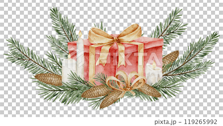 Present with golden ribbon surrounded fir branches and pine cones. Watercolor illustration of red gift box and spruce twigs and new year candles for holiday greeting cards or party invitations. Present with golden ribbon surrounded fir branches and pine cones. Watercolor illustration of red gift box and spruce twigs and new year candles for holiday greeting cards or party invitations. 119265992