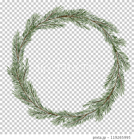 Christmas tree branches wreath. Watercolor illustration of Template with fir twigs for holiday greeting cards or party invitations on isolated background. Drawing of round border for New Year design. Christmas tree branches wreath. Watercolor illustration of Template with fir twigs for holiday greeting cards or party invitations on isolated background. Drawing of round border for New Year design. 119265995