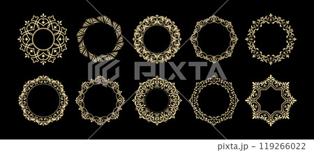 Set of decorative frames Elegant vector element for design in Eastern style, place for text. Floral black and golden borders. Lace illustration for invitations and greeting cards Set of decorative frames Elegant vector element for design in Eastern style, place for text. Floral black and golden borders. Lace illustration for invitations and greeting cards 119266022