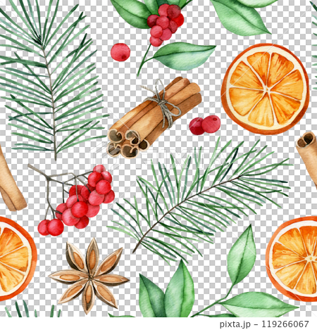 watercolor seamless Christmas pattern with ingredients for mulled wine. cinnamon, dried orange, berries and spruce branches 119266067
