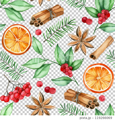 watercolor seamless Christmas pattern with ingredients for mulled wine. cinnamon, dried orange, berries and spruce branches 119266069