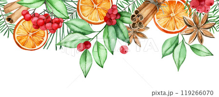 watercolor seamless Christmas border with ingredients for mulled wine. cinnamon, dried orange, berries and spruce branches watercolor seamless Christmas border with ingredients for mulled wine. cinnamon, dried orange, berries and spruce branches 119266070