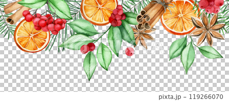 watercolor seamless Christmas border with ingredients for mulled wine. cinnamon, dried orange, berries and spruce branches 119266070
