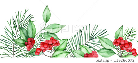 watercolor seamless Christmas border with fir branches and holly leaves and berries watercolor seamless Christmas border with fir branches and holly leaves and berries 119266072