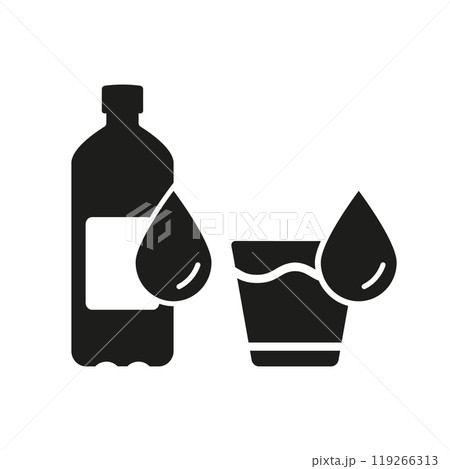 Water Bottle And Glass Silhouette Icon, Hydration And Clean Water Consumption. Isolated Vector Illustration 119266313