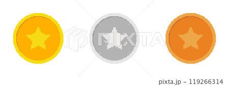 Pixel Art Silver, Gold and Bronze Coin Icon with Star Set. Retro Gaming Vector Currency. Isolated Vector Illustration 119266314