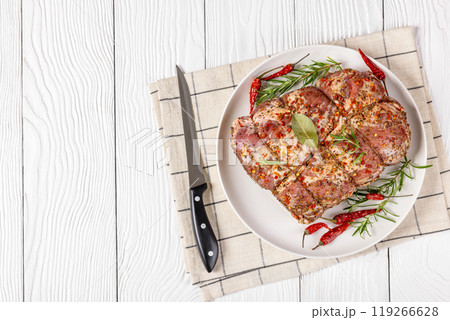 Prepared for roast Raw Pork neck butt, top view 119266628