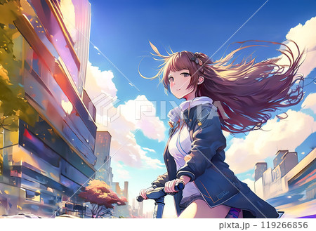 街を電動キックボードで移動する女の子のイラスト素材 119266856
