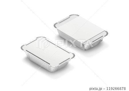 Blank aluminium foil container with white paper label mockup, isolated 119266878