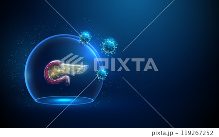Abstract red and yellow pancreas inside a glass dome attacted by viruses. Neon sphere shield. Healthcare protection medical concept. 119267252