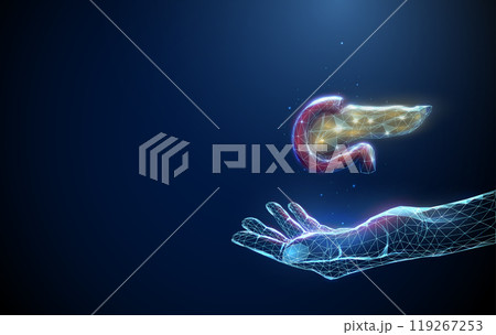 Abstract giving hand with pancreas. Healthcare medical concept. Low poly futuristic technology digital neon style. 119267253