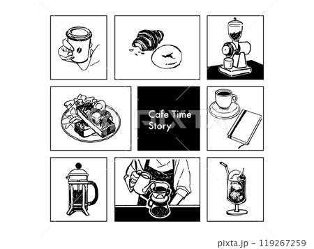 シンプルなコーヒーの手書きイラスト。カフェタイムイラスト 119267259