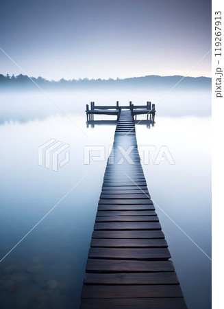 Tranquil Reflections: Wooden Pier on a Serene Lake Tranquil Reflections: Wooden Pier on a Serene Lake 119267913