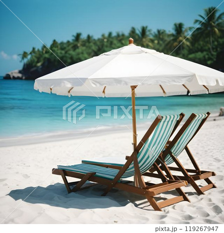 Tropical Beach Bliss: Deckchairs and White Parasol on Sandy Shoreline Tropical Beach Bliss: Deckchairs and White Parasol on Sandy Shoreline 119267947