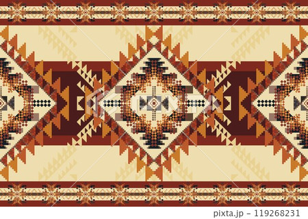 Navajo tribal vector seamless pattern. Native American ornament. Ethnic South Western decor style. Boho geometric ornament. Vector seamless pattern. Mexican blanket, rug. Woven carpet illustration. Navajo tribal vector seamless pattern. Native American ornament. Ethnic South Western decor style. Boho geometric ornament. Vector seamless pattern. Mexican blanket, rug. Woven carpet illustration. 119268231