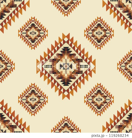 Navajo tribal vector seamless pattern. Native American ornament. Ethnic South Western decor style. Boho geometric ornament. Vector seamless pattern. Mexican blanket, rug. Woven carpet illustration. Navajo tribal vector seamless pattern. Native American ornament. Ethnic South Western decor style. Boho geometric ornament. Vector seamless pattern. Mexican blanket, rug. Woven carpet illustration. 119268234