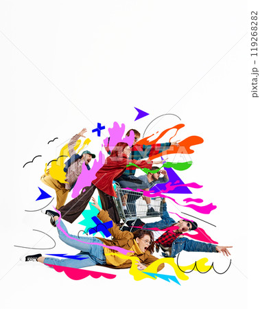Group of people creating chaos while pushing forward with shopping cart around abstract colorful splashes. Creative colorful collage. Group of people creating chaos while pushing forward with shopping cart around abstract colorful splashes. Creative colorful collage. 119268282