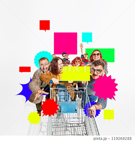 Group of excited shoppers in cart, surrounded by bright speech bubbles, rushes forward with determination. Creative colorful collage. Group of excited shoppers in cart, surrounded by bright speech bubbles, rushes forward with determination. Creative colorful collage. 119268288
