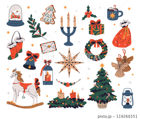 Set of fir tree and home decor icons for Christmas 119268351