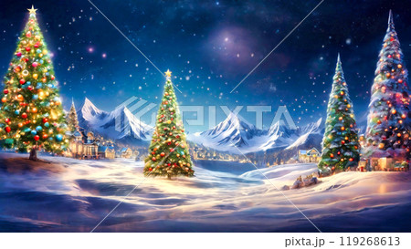 クリスマスツリーが飾られた雪山の風景 119268613