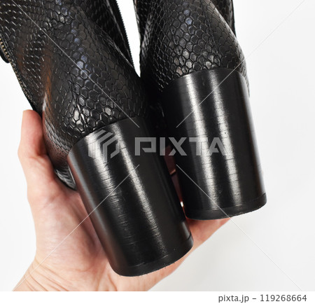 Black chunky heels boots isolated on white, reptile leather ankle boots for women, basic snake skin fall boots Black chunky heels boots isolated on white, reptile leather ankle boots for women, basic snake skin fall boots 119268664