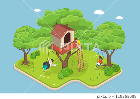 3D Isometric Flat Vector Illustration of House On Tree, Children Playing In Treehouse In Backyard Garden 3D Isometric Flat Vector Illustration of House On Tree, Children Playing In Treehouse In Backyard Garden 119268689