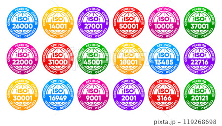 Iso certified standarts collection. International Organization for Standardization stamp. Vector illustration. 119268698