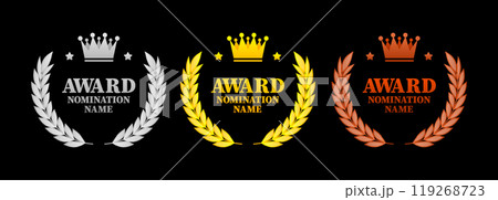 Award Nomination Name Badges with gold, silver and bronze crown. 1st, 2st and 3st place on competition or championship. Winner shield isolated on white background. Vector illustration. 119268723